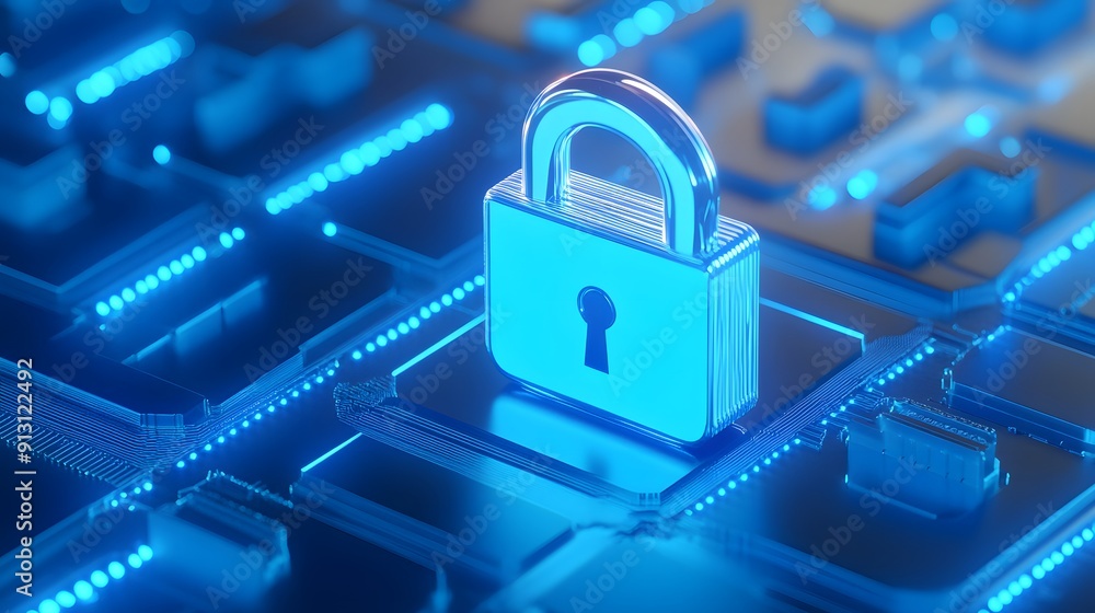 Poster secure digital padlock on illuminated motherboard symbolizing cybersecurity, data protection, and pr