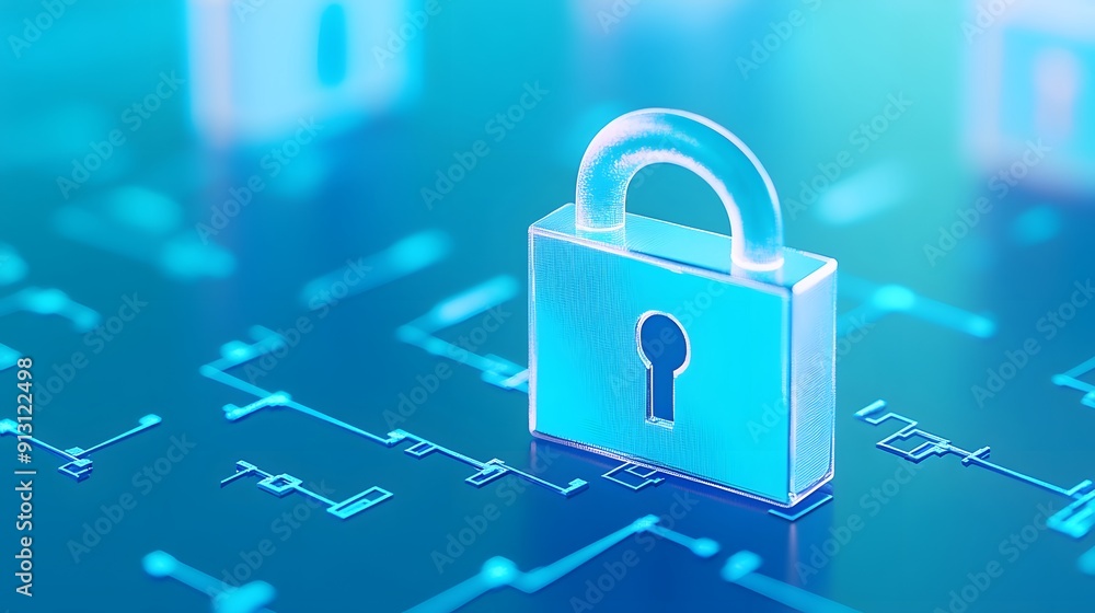 Poster secure digital padlock symbolizing cybersecurity and data protection on a bright blue technological 