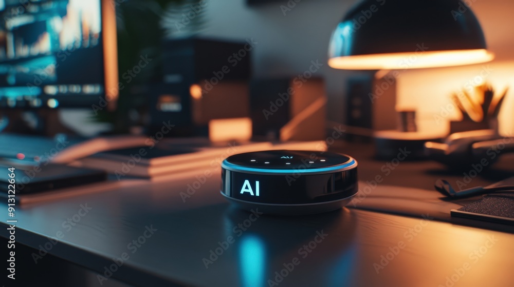 Poster a smart ai device sits on a desk, illuminated by warm light, surrounded by a computer and various of