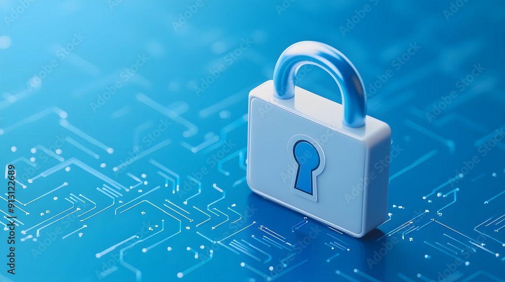 Poster secure padlock on a blue digital background symbolizing data security, cybersecurity, and privacy pr
