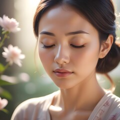 Obraz premium An Asian woman, eyes closed in deep meditation, gentle light radiating from her heart chakra, with delicate floral elements surrounding her