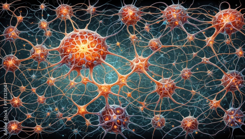 Poster neural network, showcasing interconnected neurons with glowing nuclei and complex dendrites