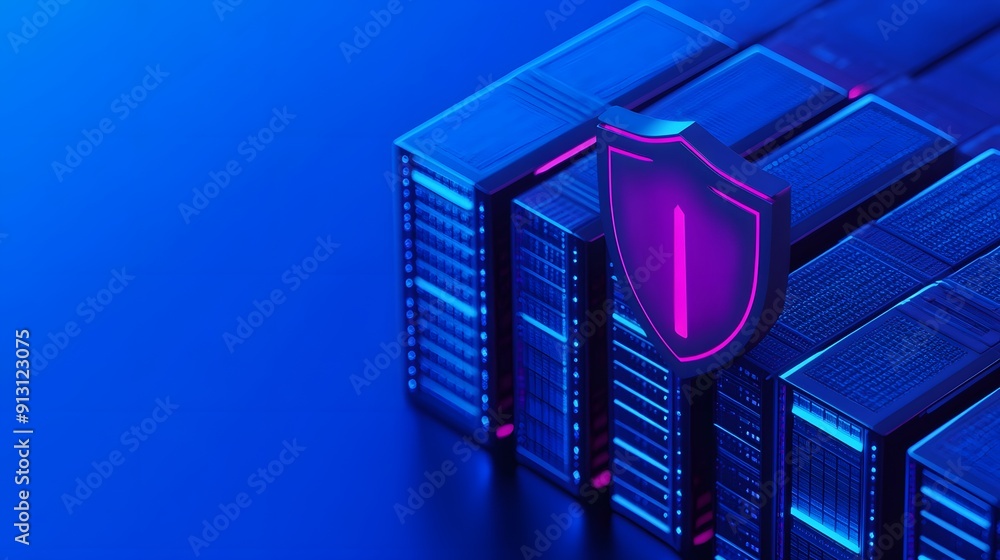 Poster secure server data storage concept with shield and glowing lights, representing cybersecurity and da