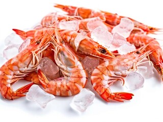 Shrimp served on ice, on a white background.  AI generated.