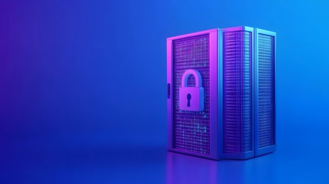 Secure server data center with padlock symbolizing security and protection in a futuristic blue and purple setting.