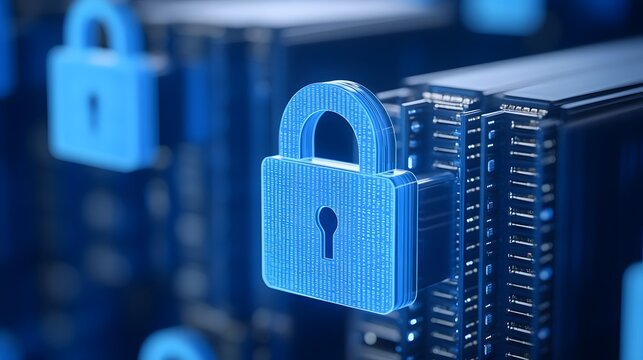 Secure server data concept with blue padlock icon and server racks, emphasizing cybersecurity and data protection.