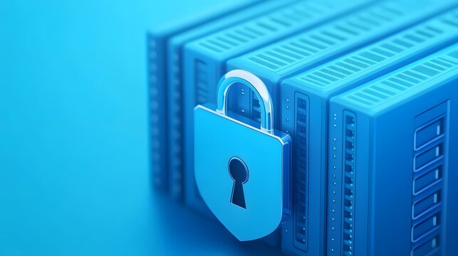 Secure server data protection with a padlock and modern technology. Blue tones depict robust cybersecurity and database safety.