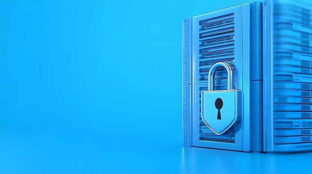Secure server depicted with a padlock in a blue-toned setting, symbolizing data security and protection in a digital environment.