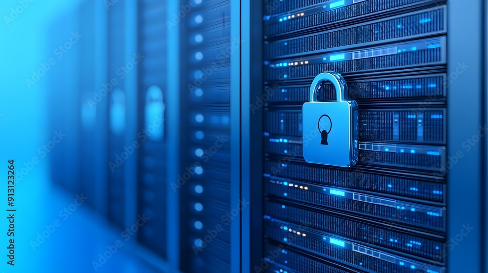 Poster secure server racks with padlock, emphasizing data protection and cybersecurity in a blue-lit data c