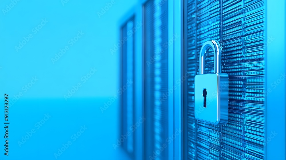 Poster Secure server room with a padlock on a server rack, symbolizing data security and protection in blue lighting.
