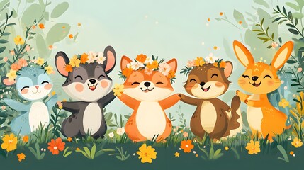 Naklejka premium Cartoon animals enjoying a spring festival with flower crowns music and dancing
