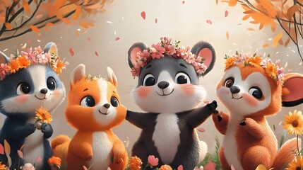 Cartoon animals enjoying a spring festival with flower crowns music and dancing