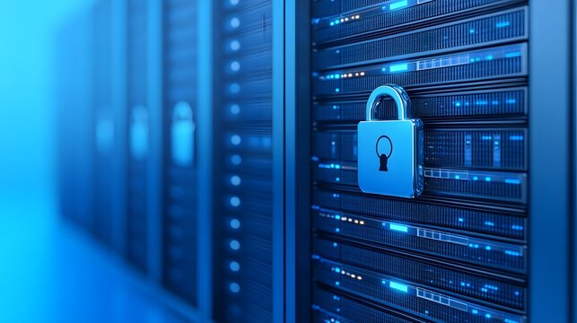 Secure server racks with padlock, emphasizing data protection and cybersecurity in a blue-lit data center.