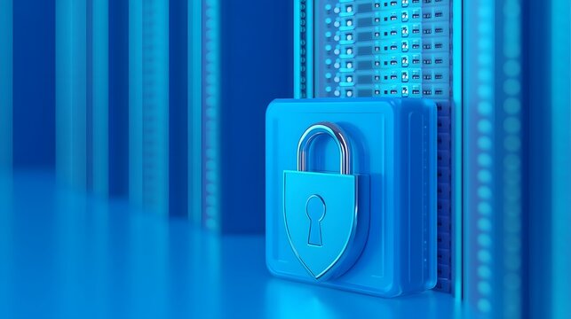 Secure server room, data protection with padlock, cybersecurity concept for safeguarding information, digital safety visualization.