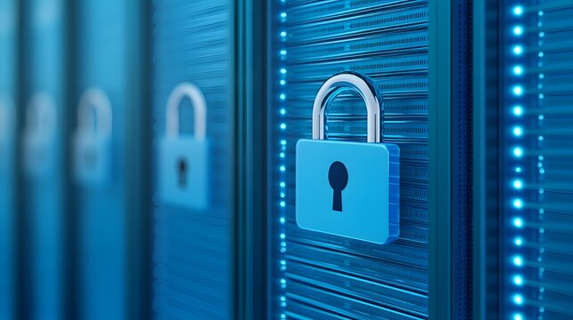 Secure server racks with padlocks, representing data security and protection in a modern computing environment.