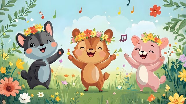 Cartoon animals enjoying a spring festival with flower crowns music and dancing