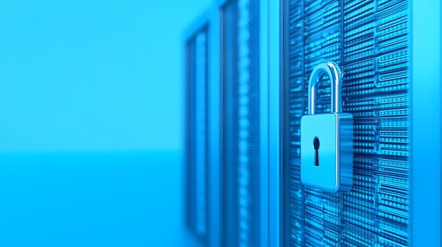 Secure server room with a padlock on a server rack, symbolizing data security and protection in blue lighting.