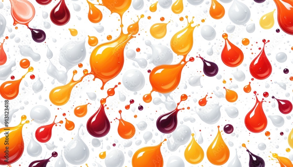 Poster close-up top-down view of vividly colored liquids splashing on white background, creating vibrant pa