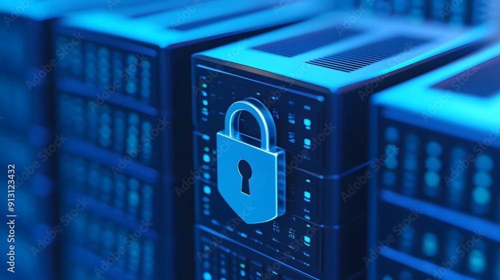 Poster secure server room with data protection. highlighting cybersecurity and data safety measures with a 