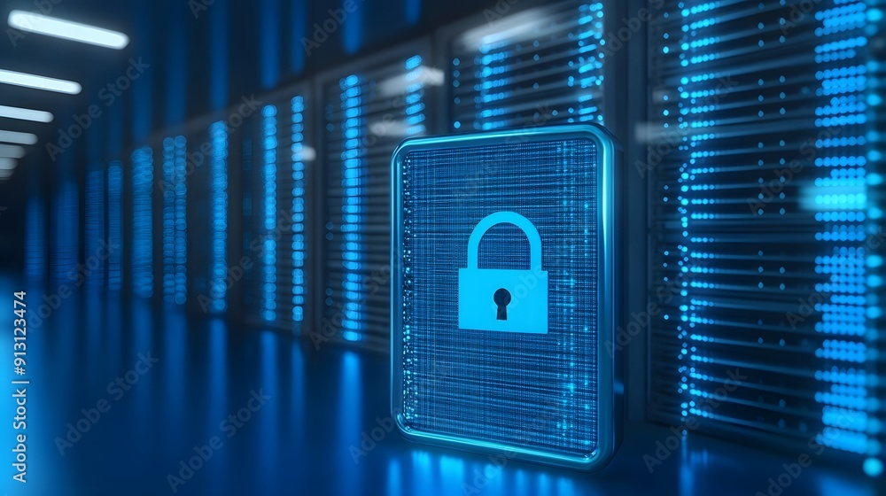 Poster secure server room with digital lock icon representing data protection, cybersecurity, and encrypted