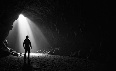 Fototapeta premium A figure stands in a dark cave, lit by light from the entrance, creating a striking silhouette against the darkness