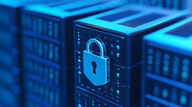 Secure server room with data protection. Highlighting cybersecurity and data safety measures with a locked padlock on server units.