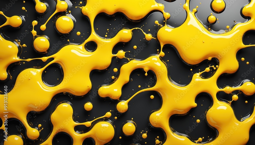 Poster yellow paint splashes and droplets on a black background create a dynamic and abstract pattern