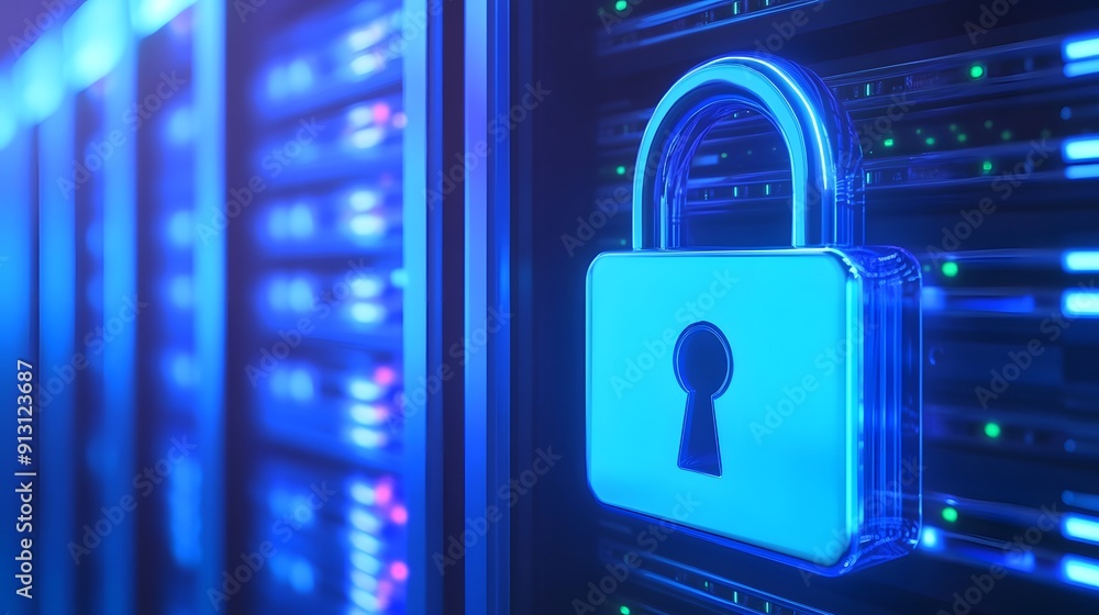 Poster secure server room with glowing padlock symbolizing data protection, cybersecurity, and information 