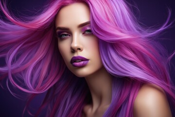 Fototapeta premium A young woman with long, flowing pink and purple hair looks directly at the camera. Her makeup is bold, with dramatic eye shadow and bright purple lipstick