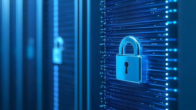 Secure server room with glowing blue lights, featuring a padlock symbolizing data protection, cybersecurity, and information security.