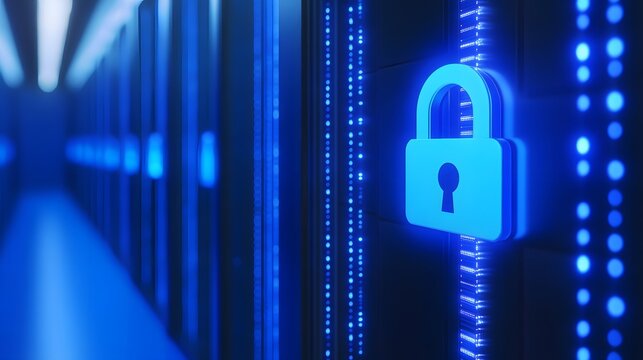 Secure server room with glowing padlock icon symbolizing data protection and cybersecurity in a modern data center.