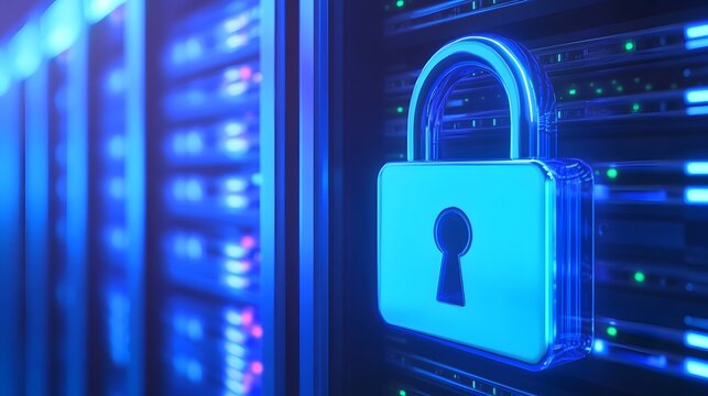 Secure server room with glowing padlock symbolizing data protection, cybersecurity, and information safety in blue lighting.