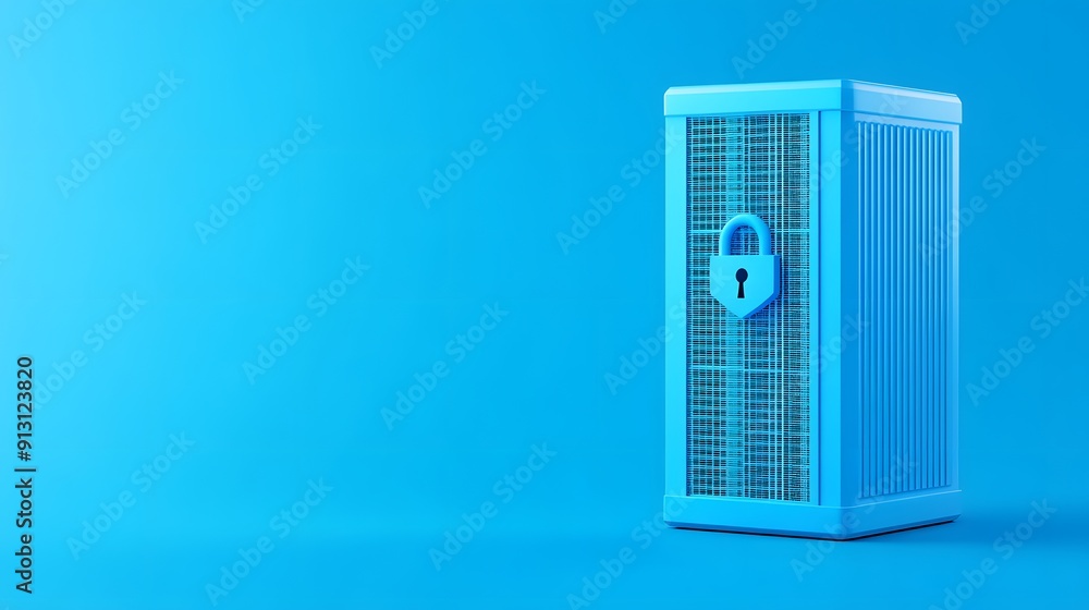 Poster secure server storage concept on blue background with a locked server rack, representing data securi