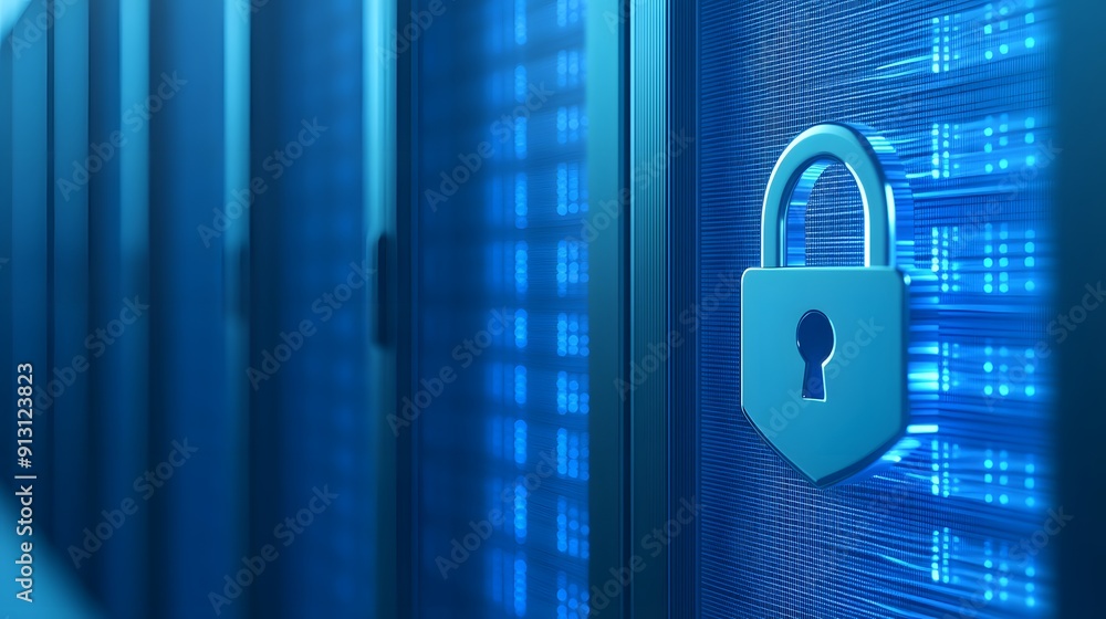 Poster secure server room with padlock symbolizing data protection and cybersecurity in a blue-lit environm