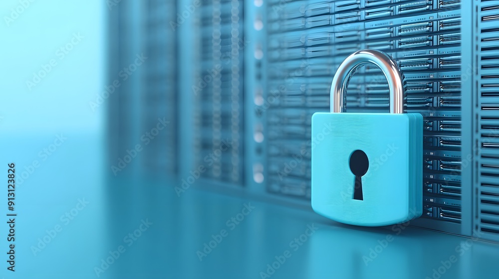 Aufkleber secure server with a blue padlock representing data protection and cybersecurity in a digital enviro