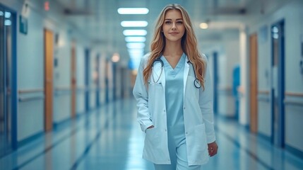 girl 30 years old, European appearance, white coat, hospital corridor in the background