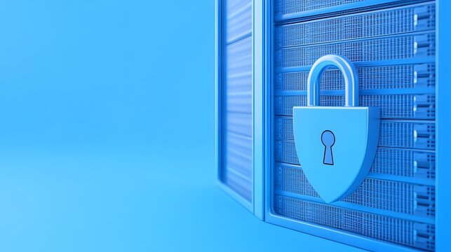 Secure server room with padlock, representing data protection and cybersecurity. Blue tones emphasize the modern technology environment.