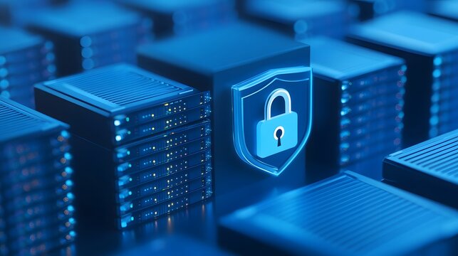 Secure server stacks with a digital padlock icon representing data protection and cybersecurity in a blue-toned data center.
