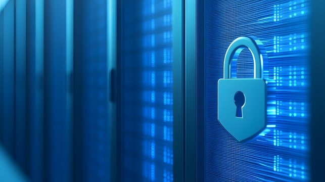 Secure server room with padlock symbolizing data protection and cybersecurity in a blue-lit environment.