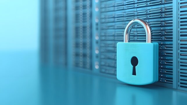 Secure server with a blue padlock representing data protection and cybersecurity in a digital environment.