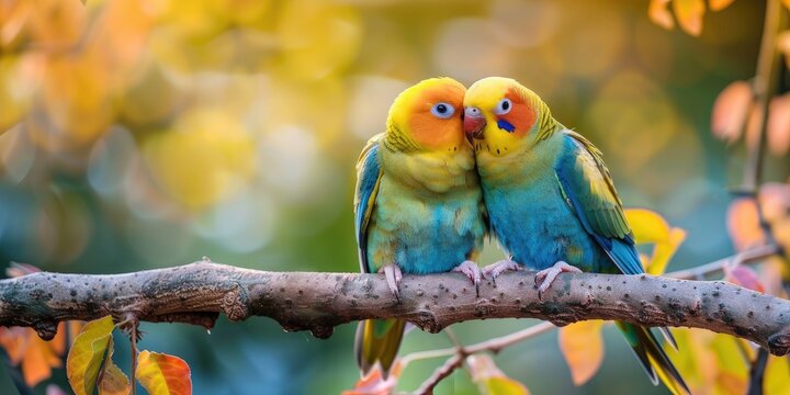 High resolution photo of yellow and blue lovebird parrots cuddling on a tree branch