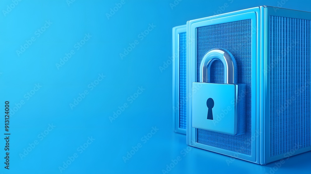 Poster secure storage concept with a padlock in front of blue crates. ideal for data protection and safety 