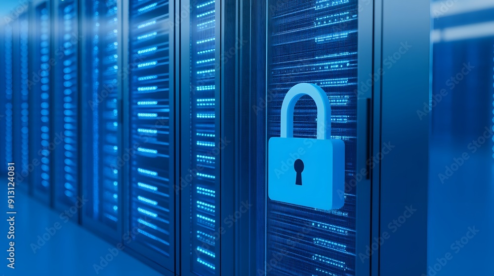 Aufkleber secured data center with locked servers. concept of cybersecurity, data protection, and information 