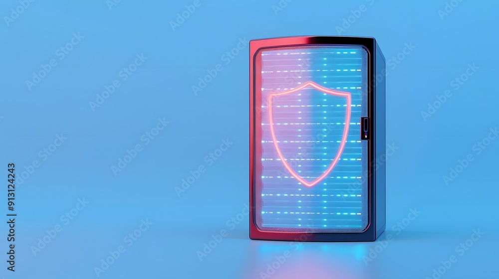 Poster server rack with digital shield icon symbolizing data protection and cybersecurity on blue backgroun