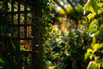 A Lush Garden Trellis Framed by Vibrant Flowers in the Afternoon Sunlight