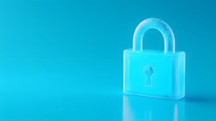 Fototapeta premium Transparent blue lock on a bright blue background, symbolizing security, safety, and data protection in a minimalist style.