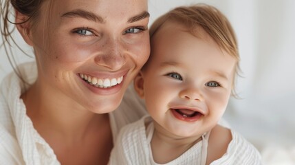Capturing a tender interaction, a warm studio portrait of a mother and her joyful baby.