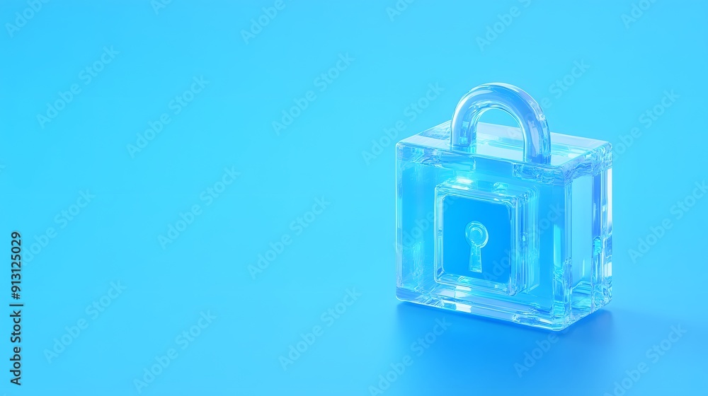 Poster transparent lock on a blue background symbolizing security, safety, and protection. ideal for cybers