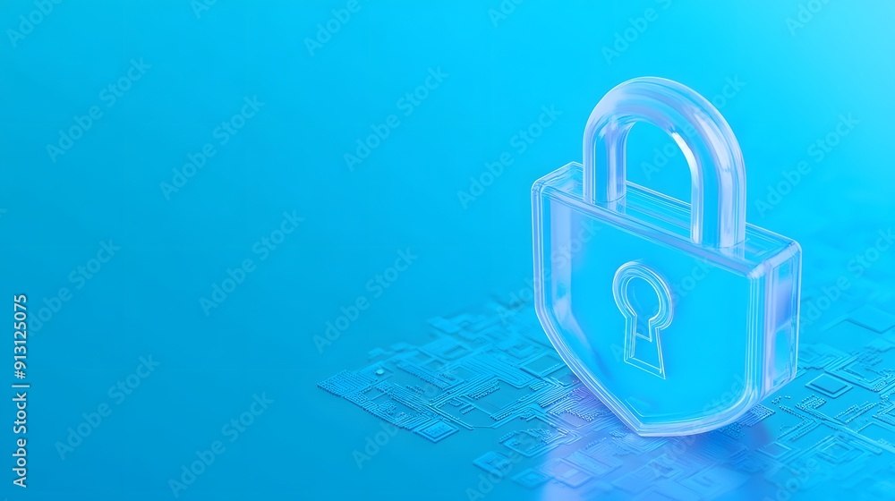 Poster transparent lock symbolizing data security and protection on a blue gradient background, highlightin