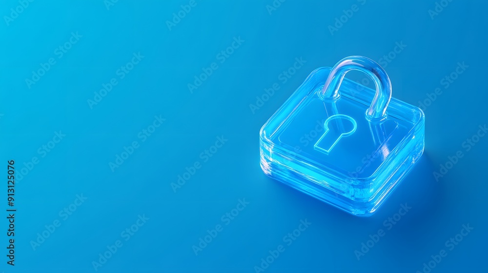 Poster transparent lock symbolizing data security and protection on a blue background, representing modern 
